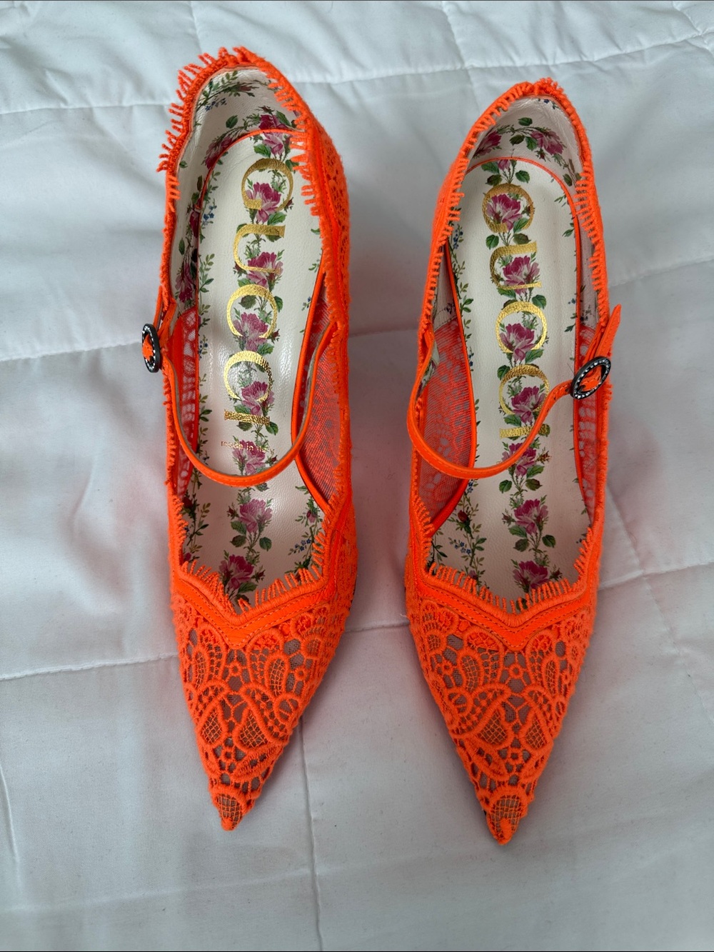 Gucci lace laces pattern Elegant Orange Lace Pointed Mary Jane Heels